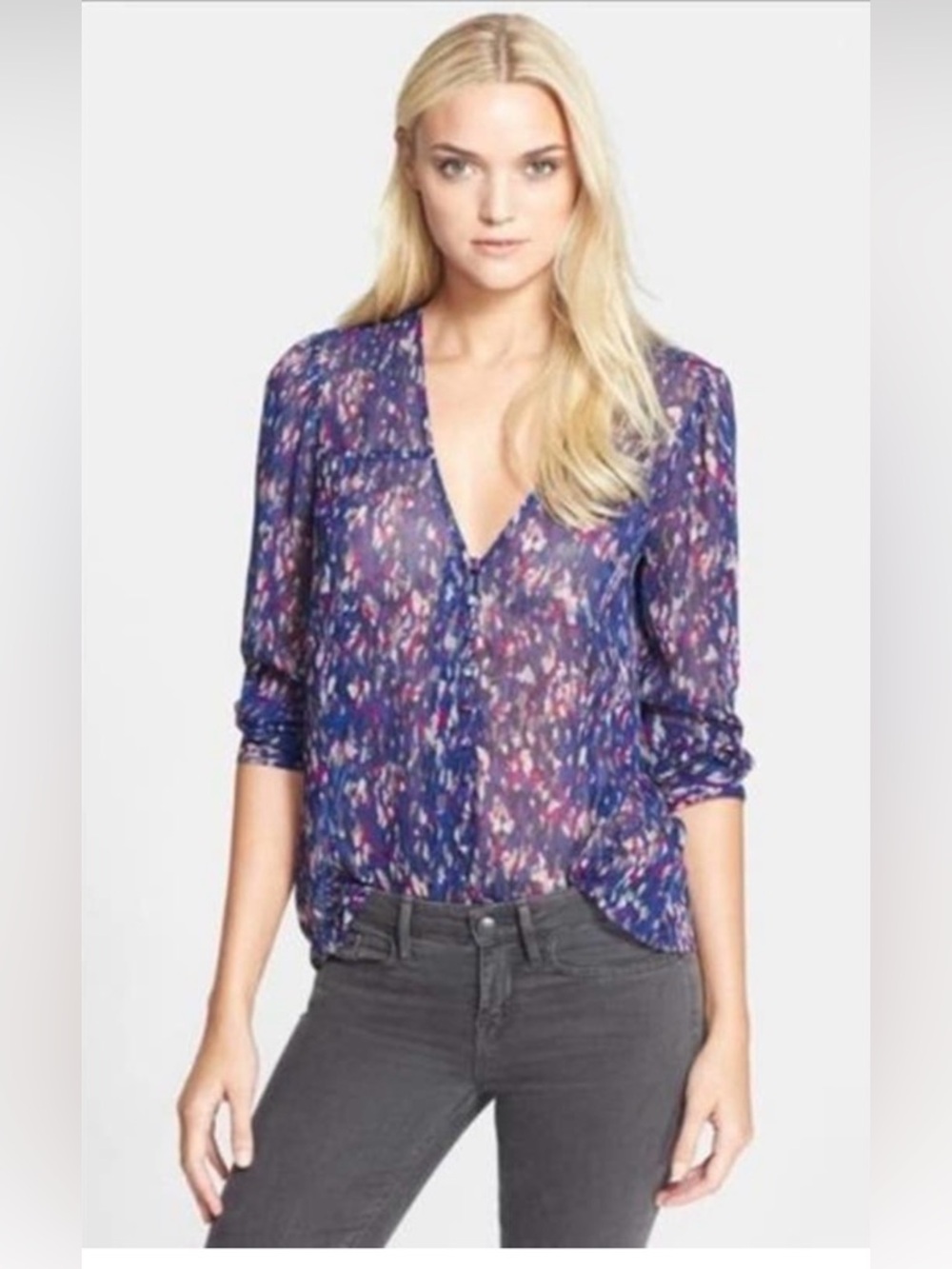 Joie Calvina silk sheer blouse with Abstract Purple/Blue/Grey Print M